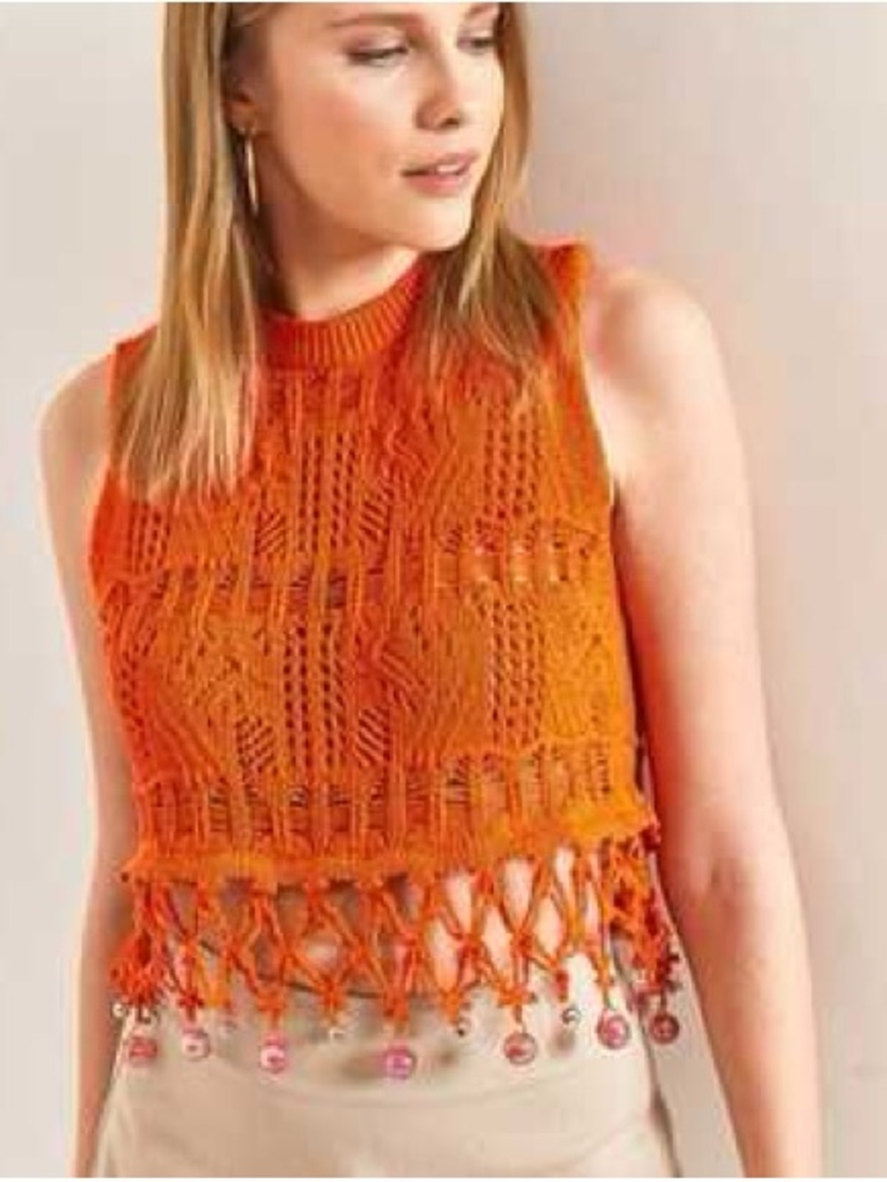 Zara Orange crochet beaded tank top
